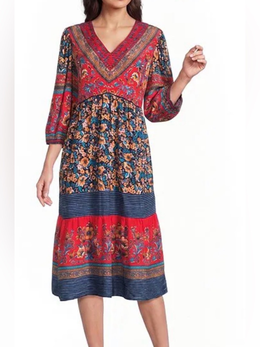 Multi floral V neck embroidered dress
